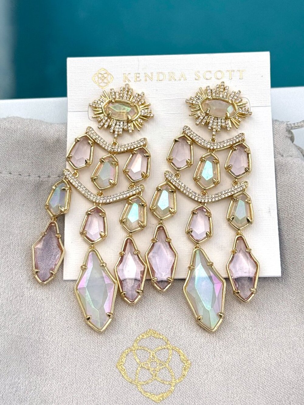 NWT Kendra ScottAlexandria Tireed Iridescent Statement Large Gold Earrings
